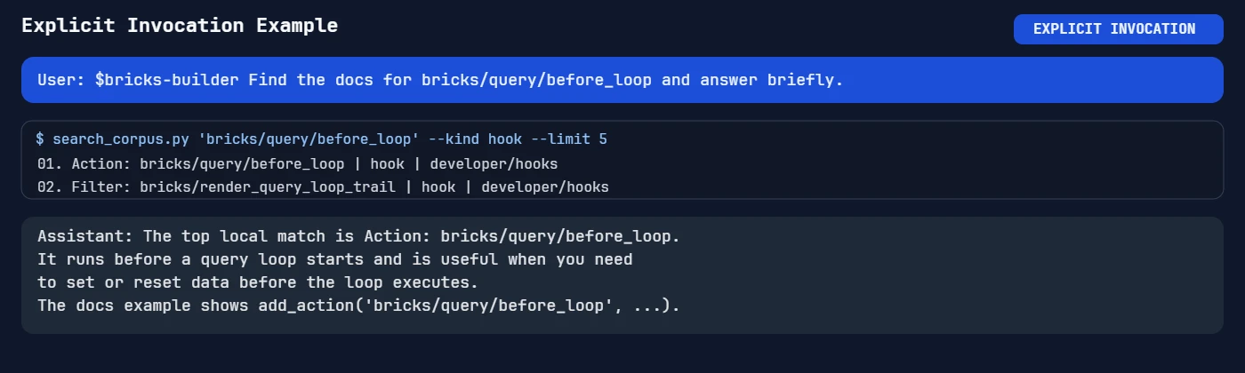 需要查詢精確 hook、schema 或實作細節時,可用 $bricks-builder 明確觸發